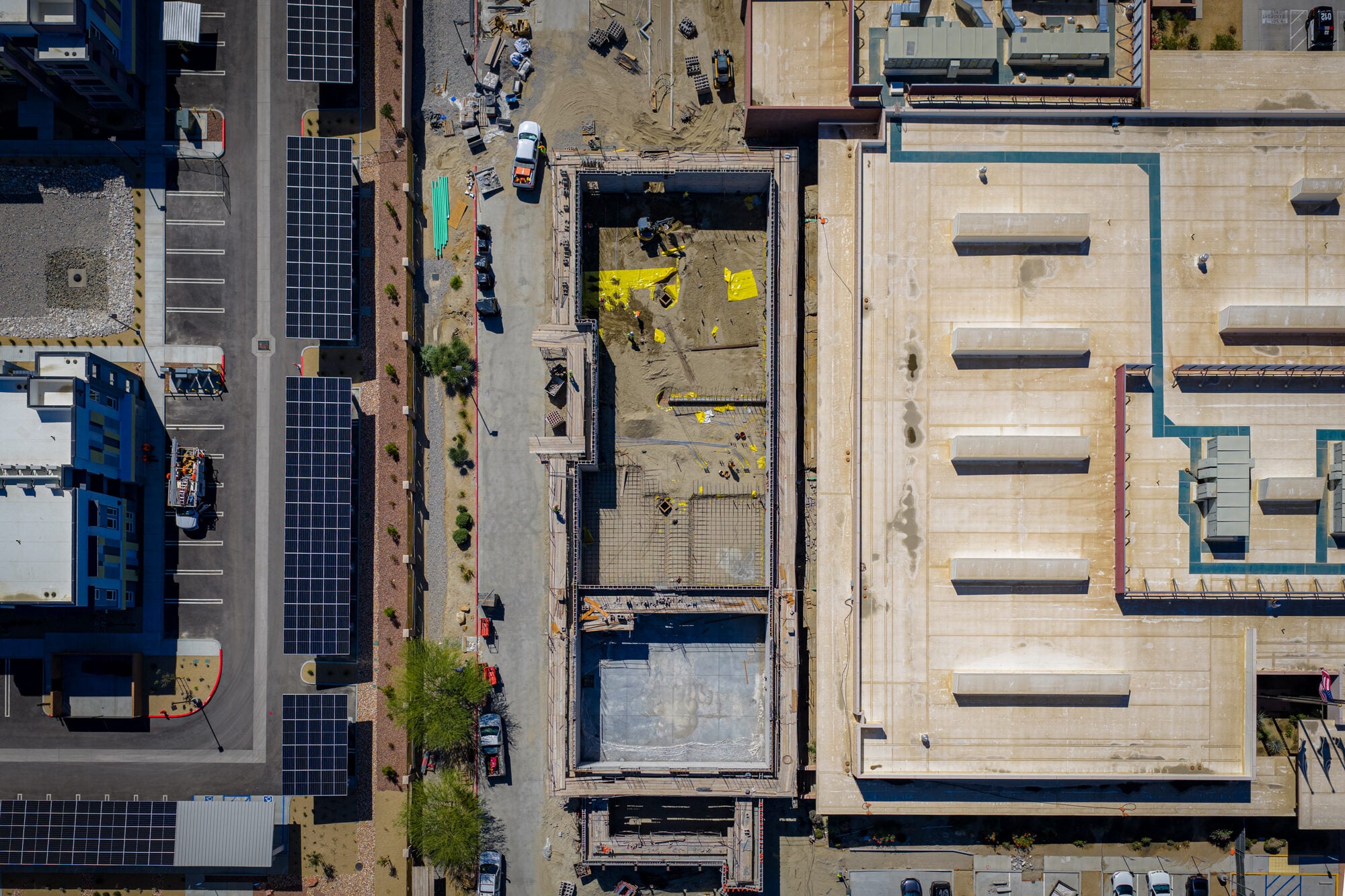 Overhead view of rooftop conduit and equipment