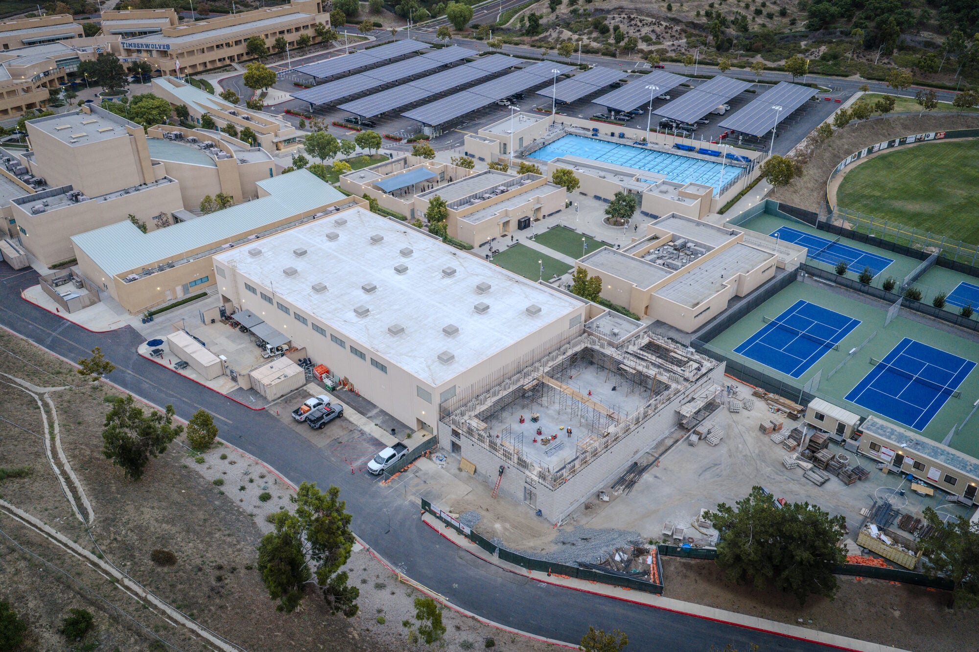Aerial view of the Northwood High School practice gymnasium addition beside the existing athletic facilities